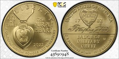 2022-W $5 National Purple Heart Hall of Honor MS70
