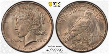 1921 $1 High Relief, Peace MS64