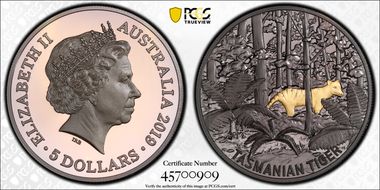 2019 $5 Tasmanian Tiger Echoes of Australian Fauna PR70DCAM