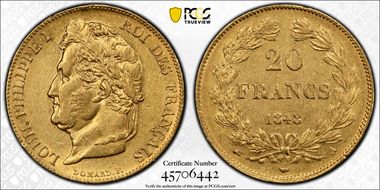 1848-A 20 Fr Gad-1031 Louis Philippe AU53