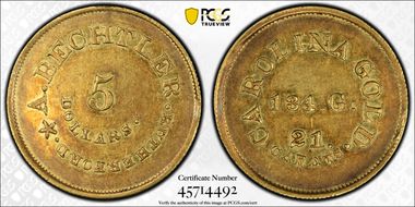 (1842-50) $5 A. Bechtler, 134 Grains, 21 Carats AU58