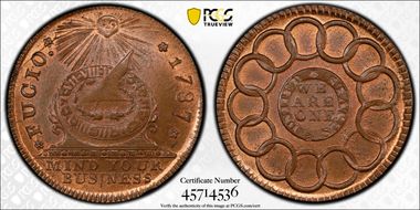 "1787" Fugio 1C New Haven Restrike, Brass MS66