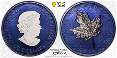 2022 $50 Maple Leaves in Motion 5oz Blue Rhodium Ag PR69DCAM