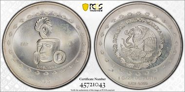 1997-Mo 5 Peso Mascara KM-620 Ag MS67