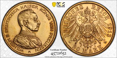 1913-A 20 Mk Military Bust KM-537  Au AU58