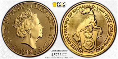 2021 £25 White Greyhound of Richmond Queen's Beasts Au MS69