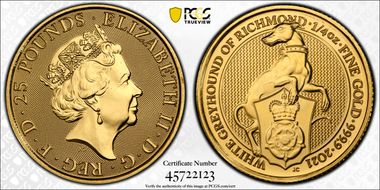 2021 £25 White Greyhound of Richmond Queen's Beasts Au MS69