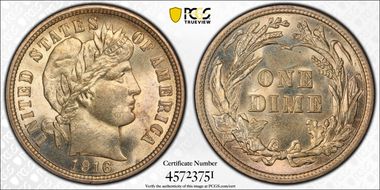 1916 10C Barber MS65