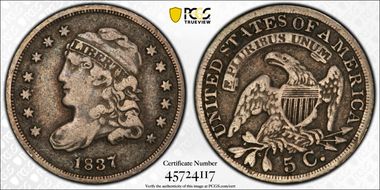 1837 H10C Capped Bust, Large 5C VF20