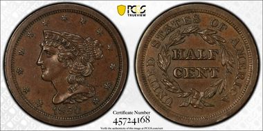 1850 1/2C AU58BN