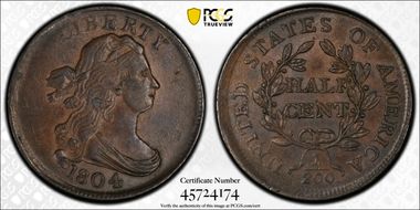 1804 1/2C Plain 4, No Stems AU58BN