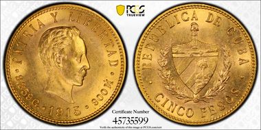 1915 5 Peso KM-19  Au MS64