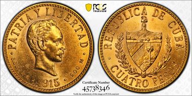 1915 4 Peso KM-18  Au MS62