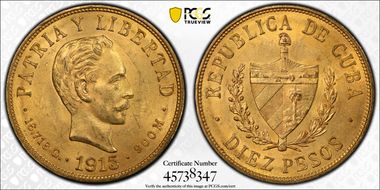 1915 10 Peso KM-20  Au MS63