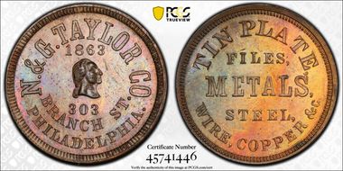 1863 Token F-PA750-1a GW-561 Cu N. & G. Taylor Co. MS64BN