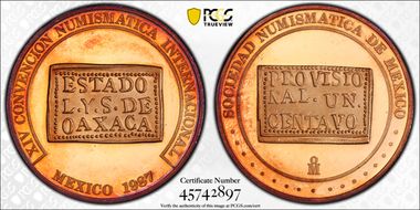 1987-Mo Medal Numismatic Society Ae (1915) 1C Oaxaca SP66RD