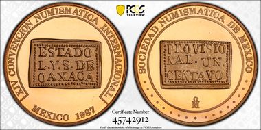1987-Mo Medal Numismatic Society Ae (1915) 1C Oaxaca SP66RD