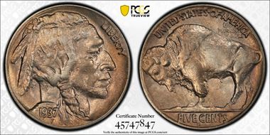 1937-D 5C 3 Legs AU53