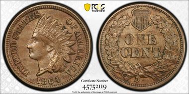 1864 1C Copper-Nickel AU53