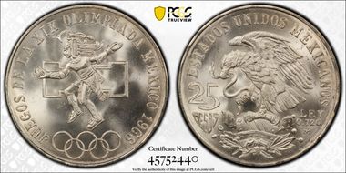 1968-Mo 25 Peso Olympic KM-479.1 Rings Align, Straight Tongue MS68