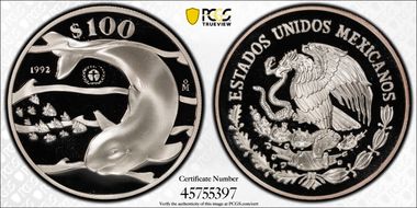 1992-Mo 100 P Vaquita Porpoise KM-566  Ag PR69DCAM