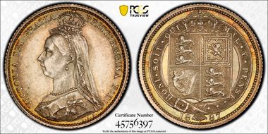1887 6D S-3928 Shield Rev MS63