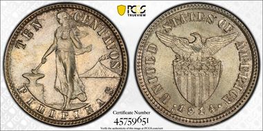 1914-S 10C Allen 8.10b Long Bar MS65