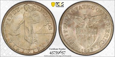 1917-S 50C Allen-14.06a Broken 7 MS65