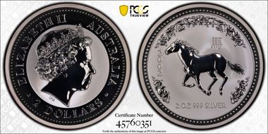 2002 $2 Year of the Horse 2oz Ag MS70