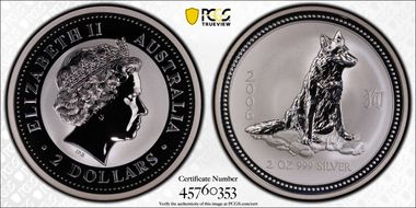 2006 $2 Year of the Dog 2oz Ag MS70