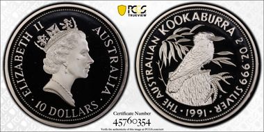 1991-P $10 Kookaburra 2oz Ag PR69DCAM