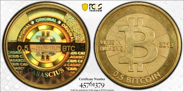 2013 .5 BTC Casascius Bitcoin, Brass MS66