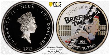 2012 $2 Briefing Time WWII Nose Art Colorized PR69DCAM