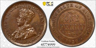 1920 /./  1D Dot above bottom scroll English obverse AU58BN