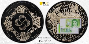 2002 $1 Bettina von Arnim 5 Deutche Mark Banknote MS69