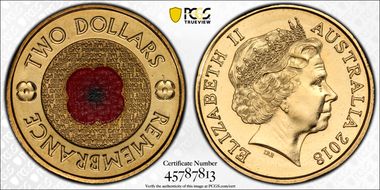 2018 $2 Remembrance Day Red Poppy 30th Ann. $2 Coin Colorized MS68