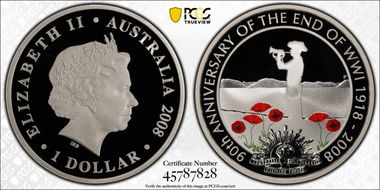 2008-P $1 End of WWI Colorized Ag PR70DCAM