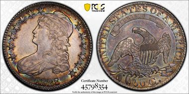 1828 50C Square Base 2, Large 8s AU53+