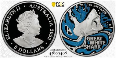 2022 $5 Great White Shark Colorized PR70DCAM