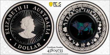 2019-P $1 Year of the Pig Opal Ag PR69DCAM