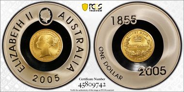 2005 $1 150th Anniv Sydney Mint 1855 1/2 Sov PR70DCAM