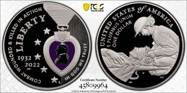 2022-W $1 National Purple Heart Hall of Honor Colorized First Strike PR69DCAM