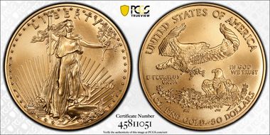 2006-W $50 Burnished Gold Eagle 20th Anniversary SP69