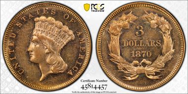 1870 $3 AU58+ 