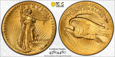 1907 $20 High Relief, Wire Edge MS65