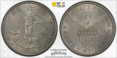 1907-S Peso AU58