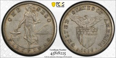 1908-S Peso KM-172  Ag AU53