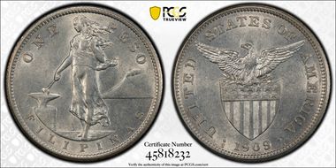 1909-S Peso KM-172  Ag AU55