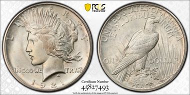 1921 $1 High Relief, Peace MS66