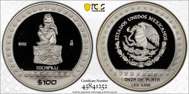 1992-Mo 100 P Xochipilli KM-562  Ag PR69DCAM